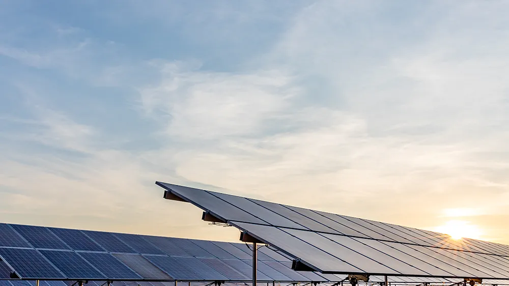 open field photovoltaic system with sunset in the background