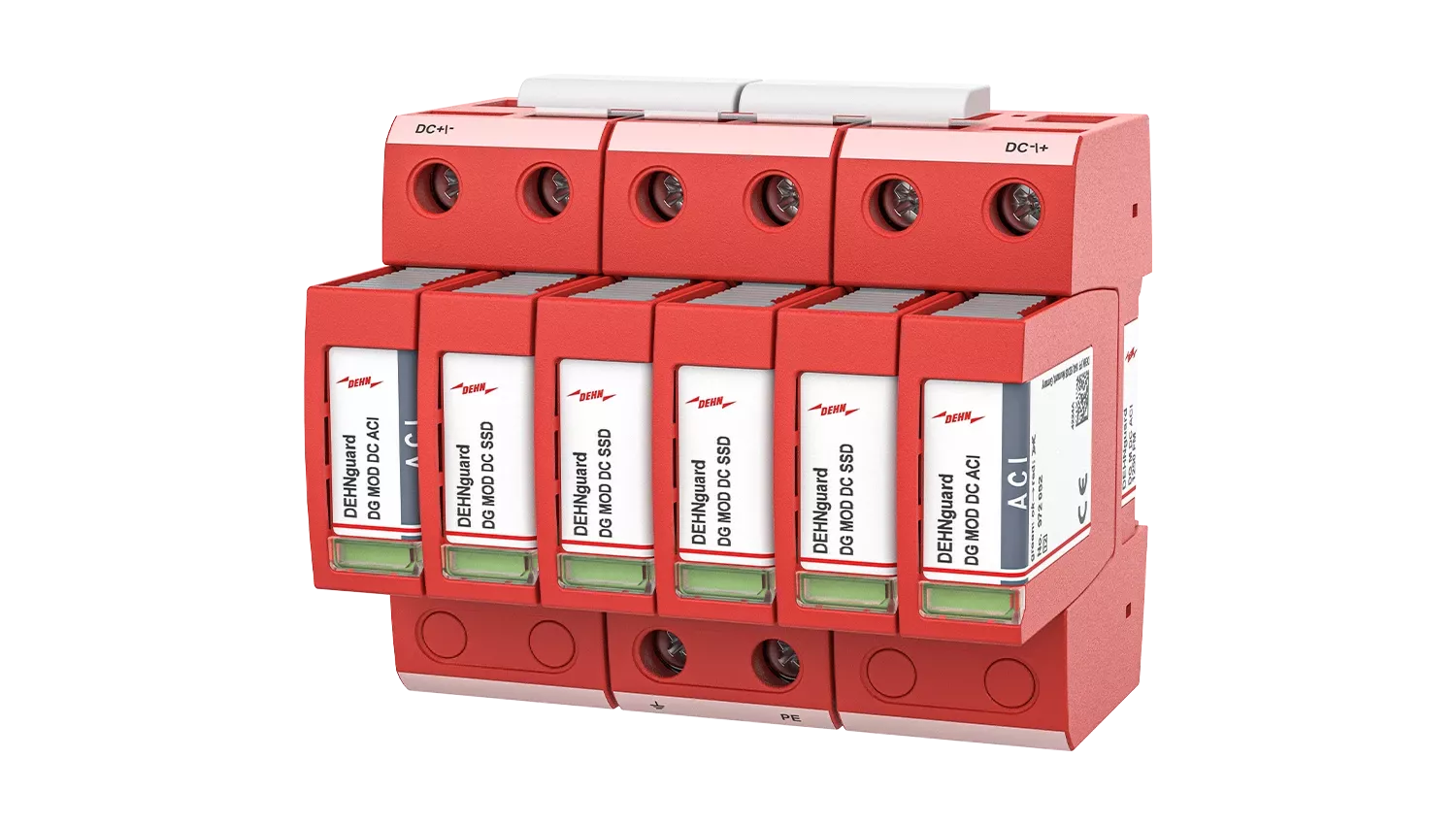 Red modular surge protection device with multiple DC and AC modules, labeled terminals, status windows, and mounting base on a white background.