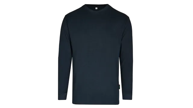 A captivating image displays a navy blue cotton shirt, with its classic collar and green zipper standing out against a pristine white background. The timeless elegance is accentuated by the shirts rich color and impeccable detailing.