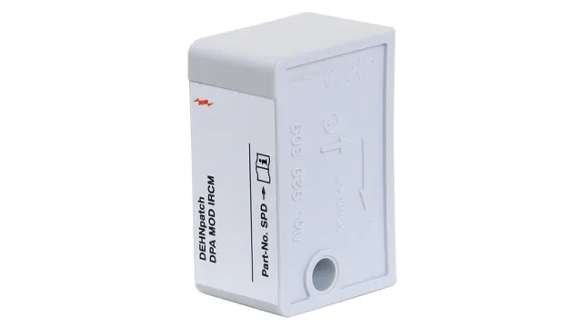 A DEHNpatch displays its sleek design, a pristine white body contrasting with striking black and red accents. Its rectangular shape, adorned with a USB port, exemplifies convenience and style for modern users.