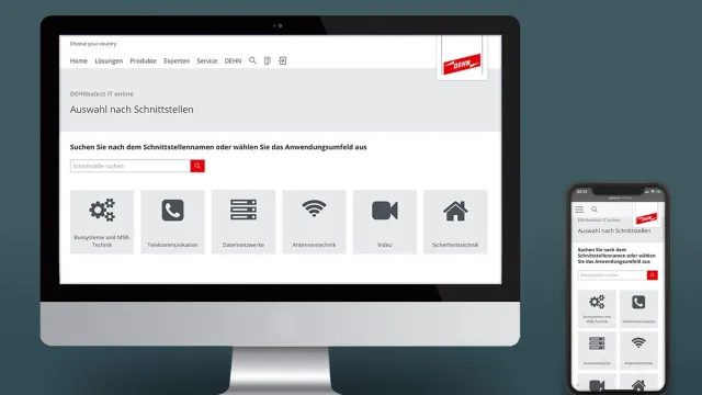 Desktop and smartphone screens showing the DEHNselect interface selection tool with icons for different technologies.