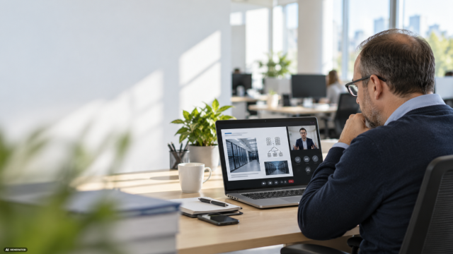 Homme face à son PC portable participant auw webinaires datacenters organisés par DEHN France en novembre 2026