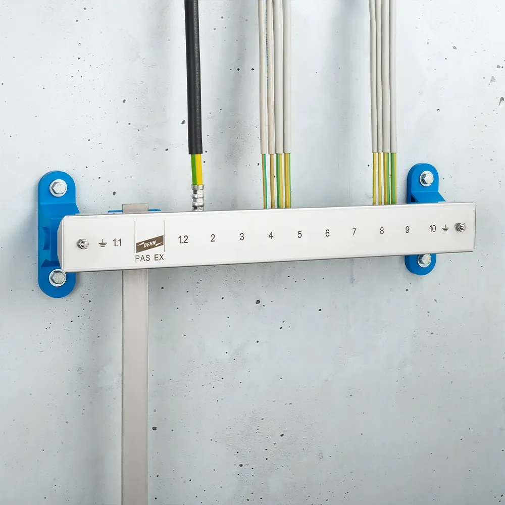 Wall-mounted grounding bar labeled "PAS EX" with numbered terminals and connected black and yellow-green cables on a light gray wall.