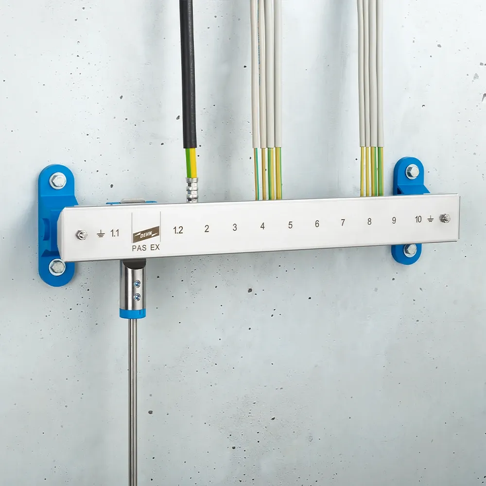 Wall-mounted grounding bar labeled "PAS EX" with numbered terminals and connected black and yellow-green cables on a light gray wall.