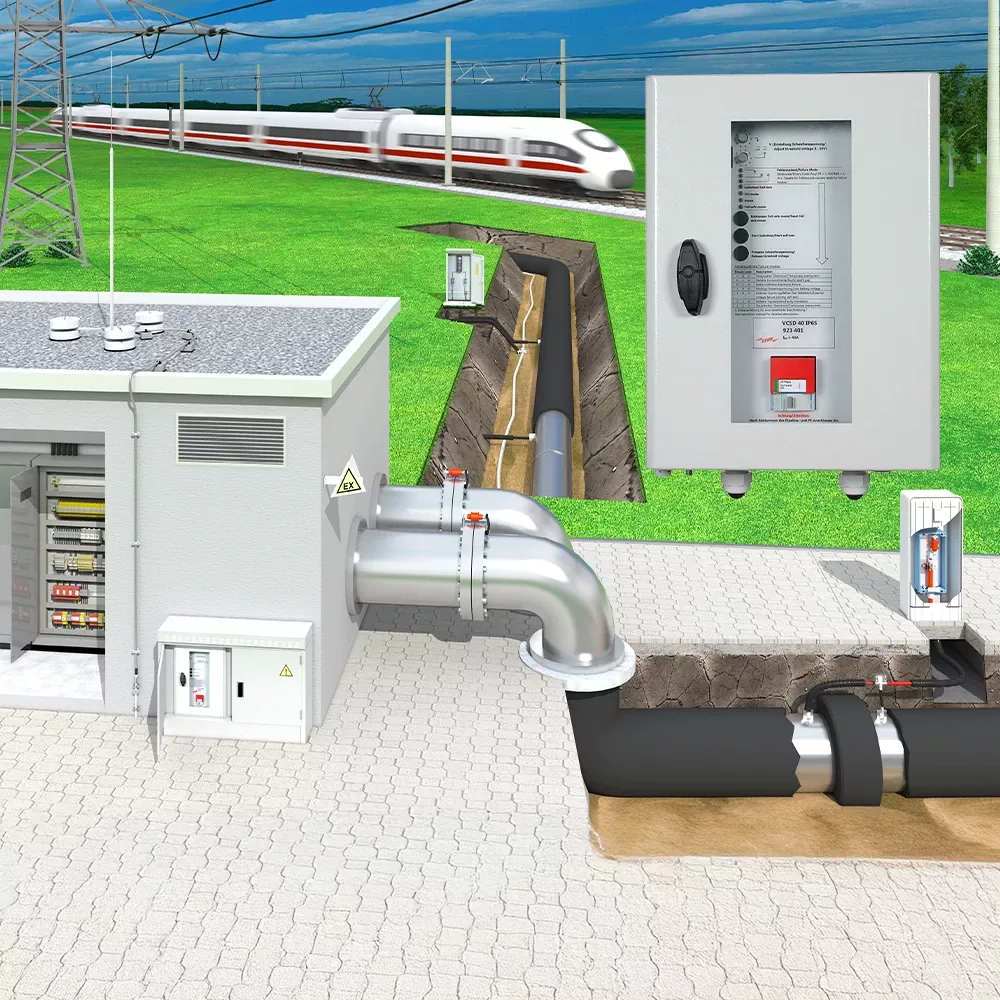 Illustration of an industrial pipeline system with control cabinets, underground pipes, valves, and a high-speed train in the background.