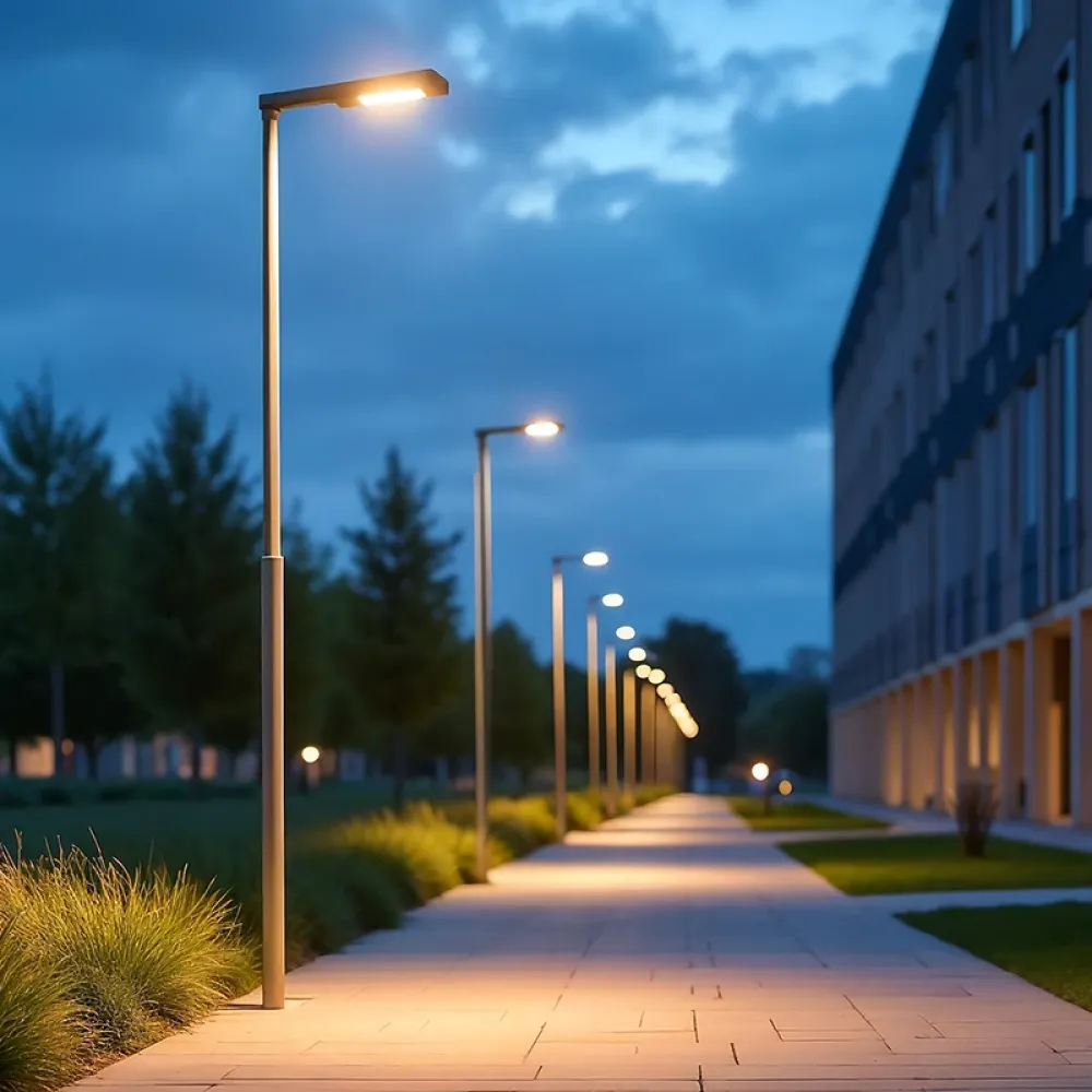 Illuminated pedestrian pathway with modern streetlights, landscaped greenery, and a contemporary building at dusk.