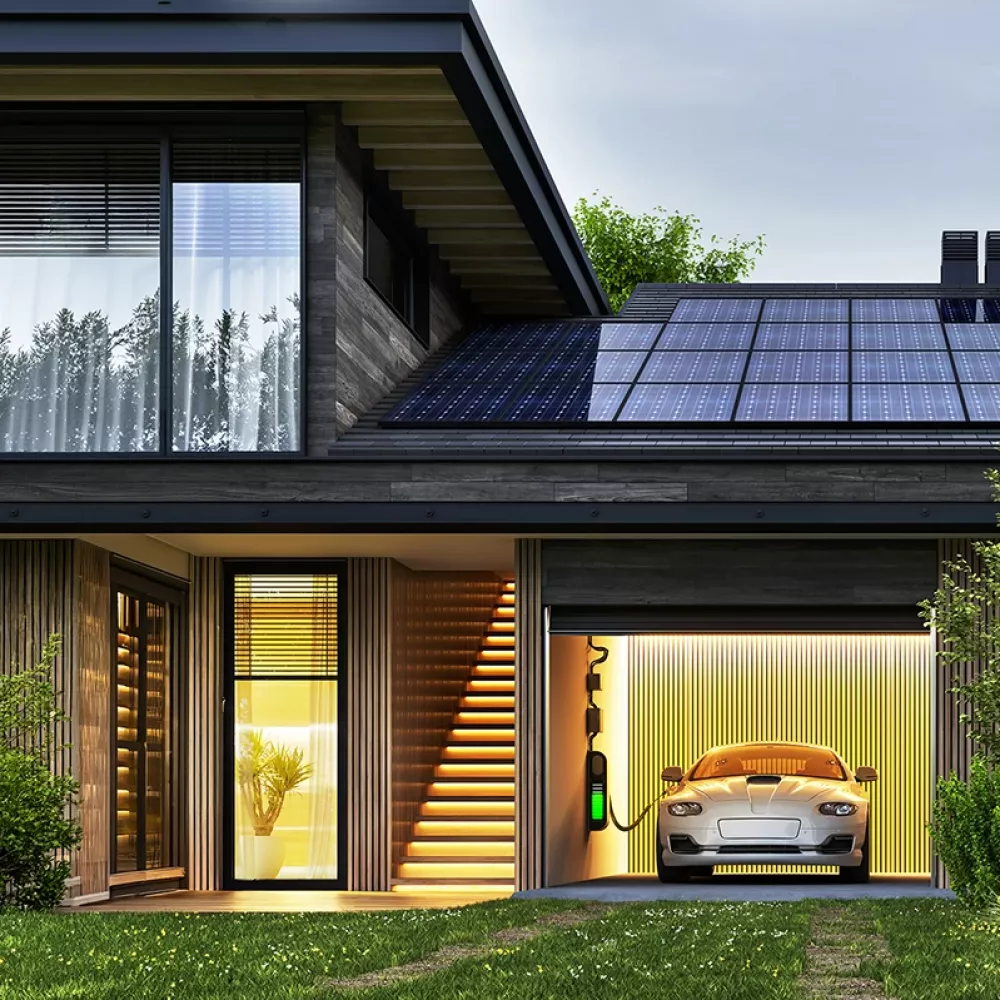 Modern two-story house with rooftop solar panels, illuminated interior, and an electric car charging in an integrated garage at dusk.
