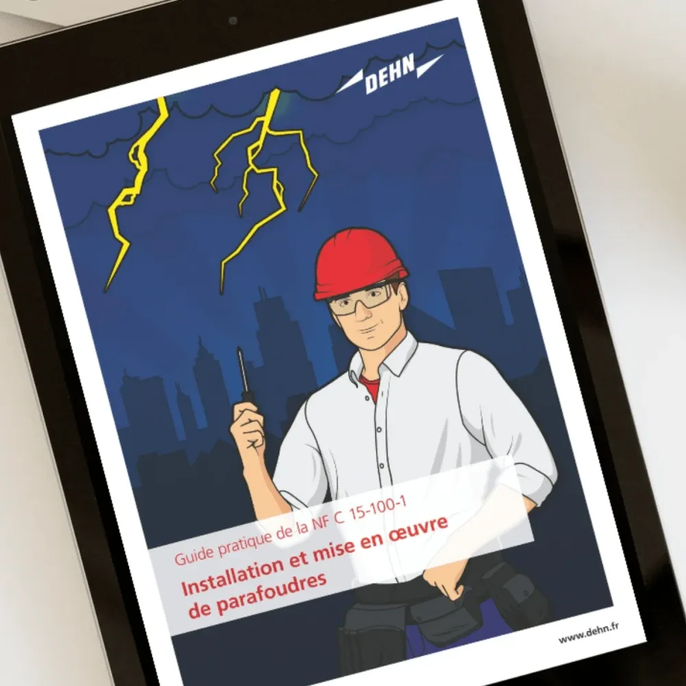 Brochure cover showing electrician with helmet and lightning, guide for installing surge protection devices (NFC 15-100 standard).