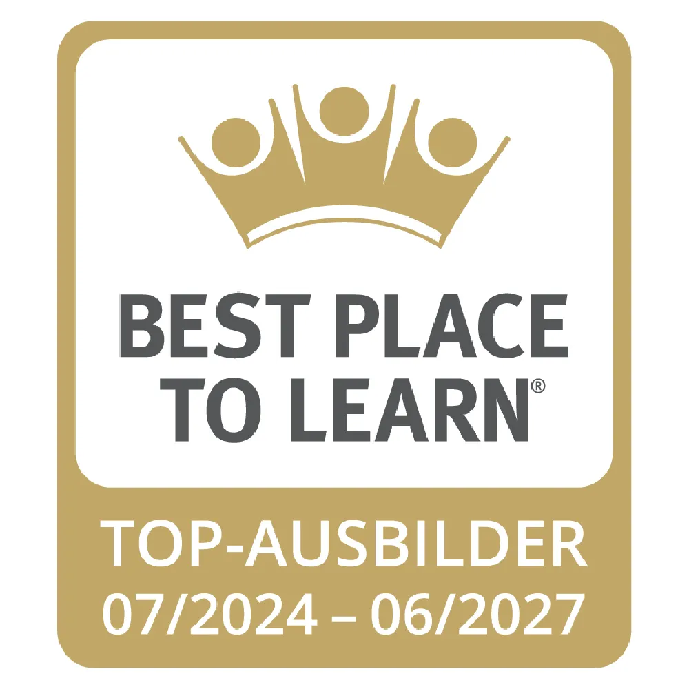 Logo with a crown above three stylized figures and text 'BEST PLACE TO LEARN' and 'TOP-AUSBILDER 07/2024 - 06/2027'