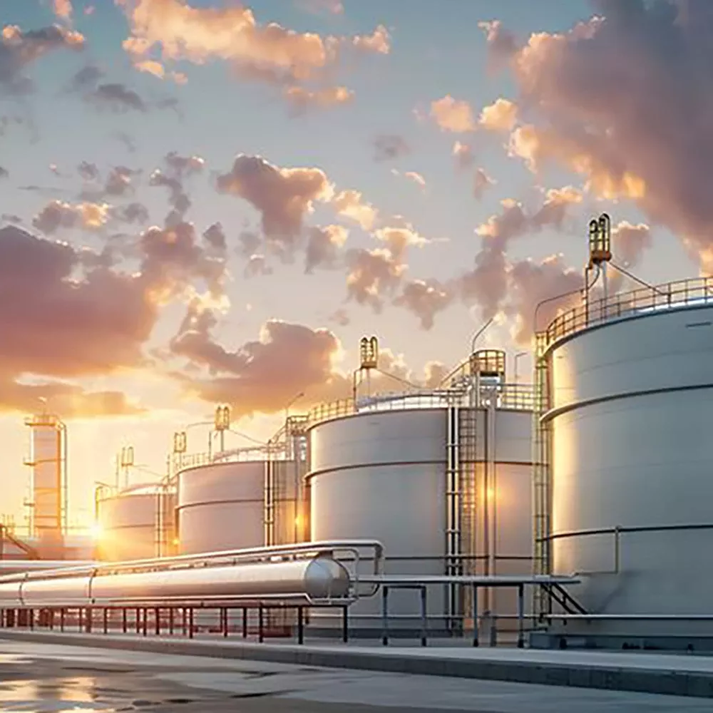 Öltanks im Sonnenuntergang, mit glänzenden Oberflächen und Rohrleitungen im Vordergrund.