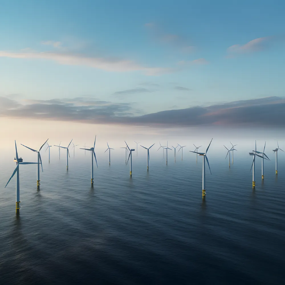 Group of offshore wind turbines standing in calm sea under a partly cloudy sky.