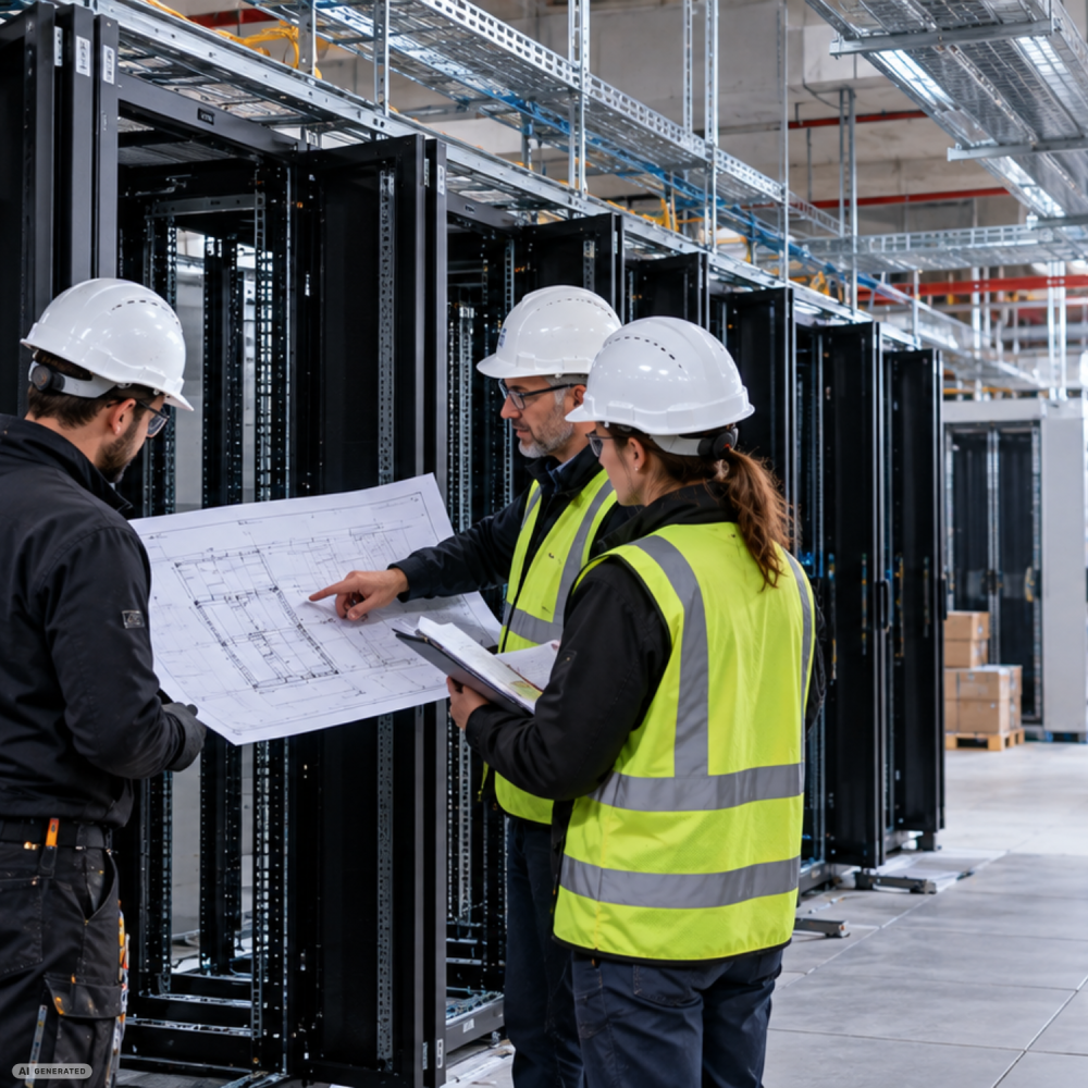 maîtres d'œuvre et bureau d'étude dans un datacenter en construction pour étape de vérification de la protection contre les surtensions et réseaux de données conformément au plan