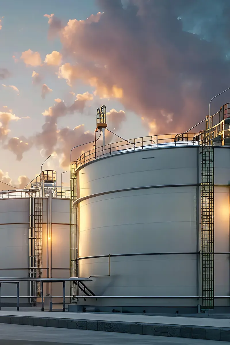 A captivating image displays a row of towering white cylindrical tanks, their ladders and safety rails silhouetted against a fiery sunset sky. The low angle perspective emphasizes their industrial grandeur, creating a sense of efficiency and well-maintained perfection.