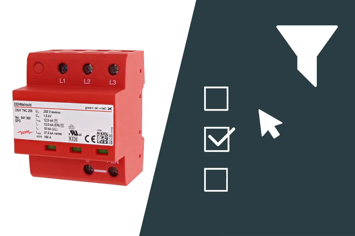 Red DEHNshield surge arrester shown next to filter icons and selection checkboxes.