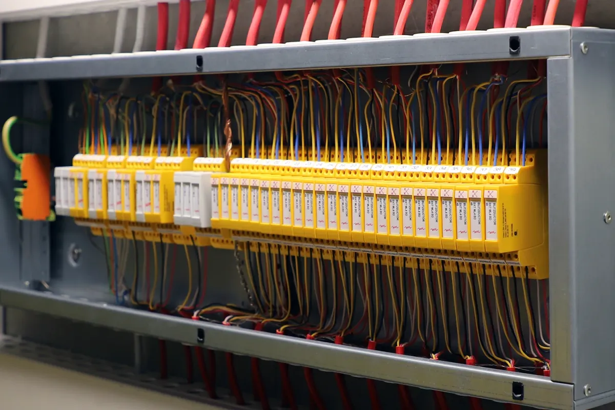A close-up view of an open electrical control panel with multiple wires connected to yellow terminal blocks.