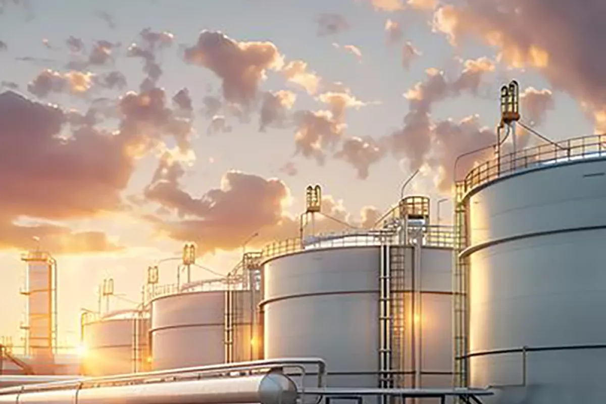 Öltanks im Sonnenuntergang, mit glänzenden Oberflächen und Rohrleitungen im Vordergrund.